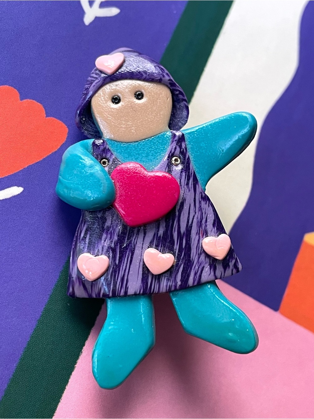 Adorable vintage/style polymer clay girl child brooch w/ hearts